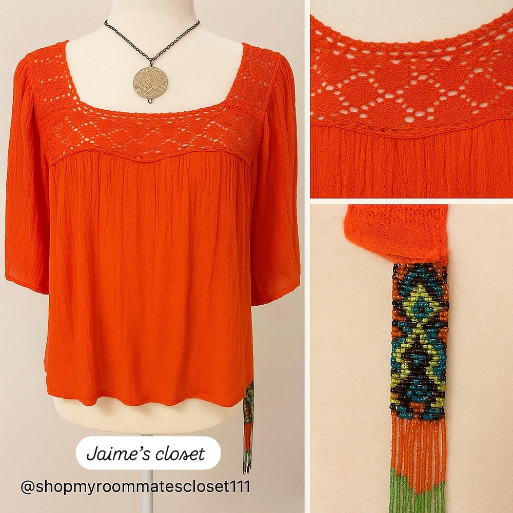 Boho Embroidered Orange Peasant Blouse – S/M
